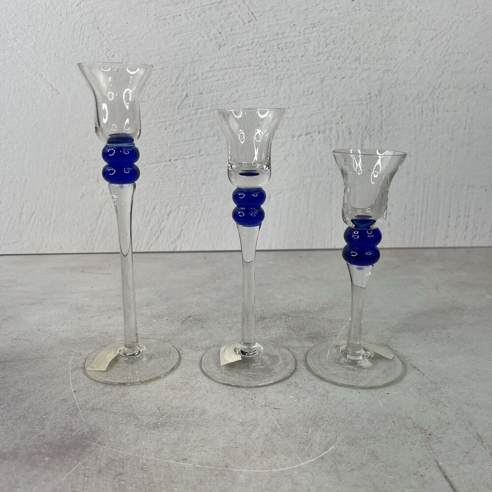 Home Trends MCM Candleholders Glass Set Of‎ 3 Clear & Blue